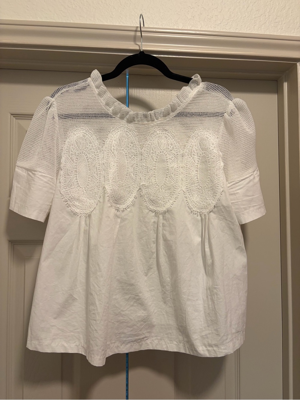 Amazon White Lace-Paneled Short Sleeve Peasant Top